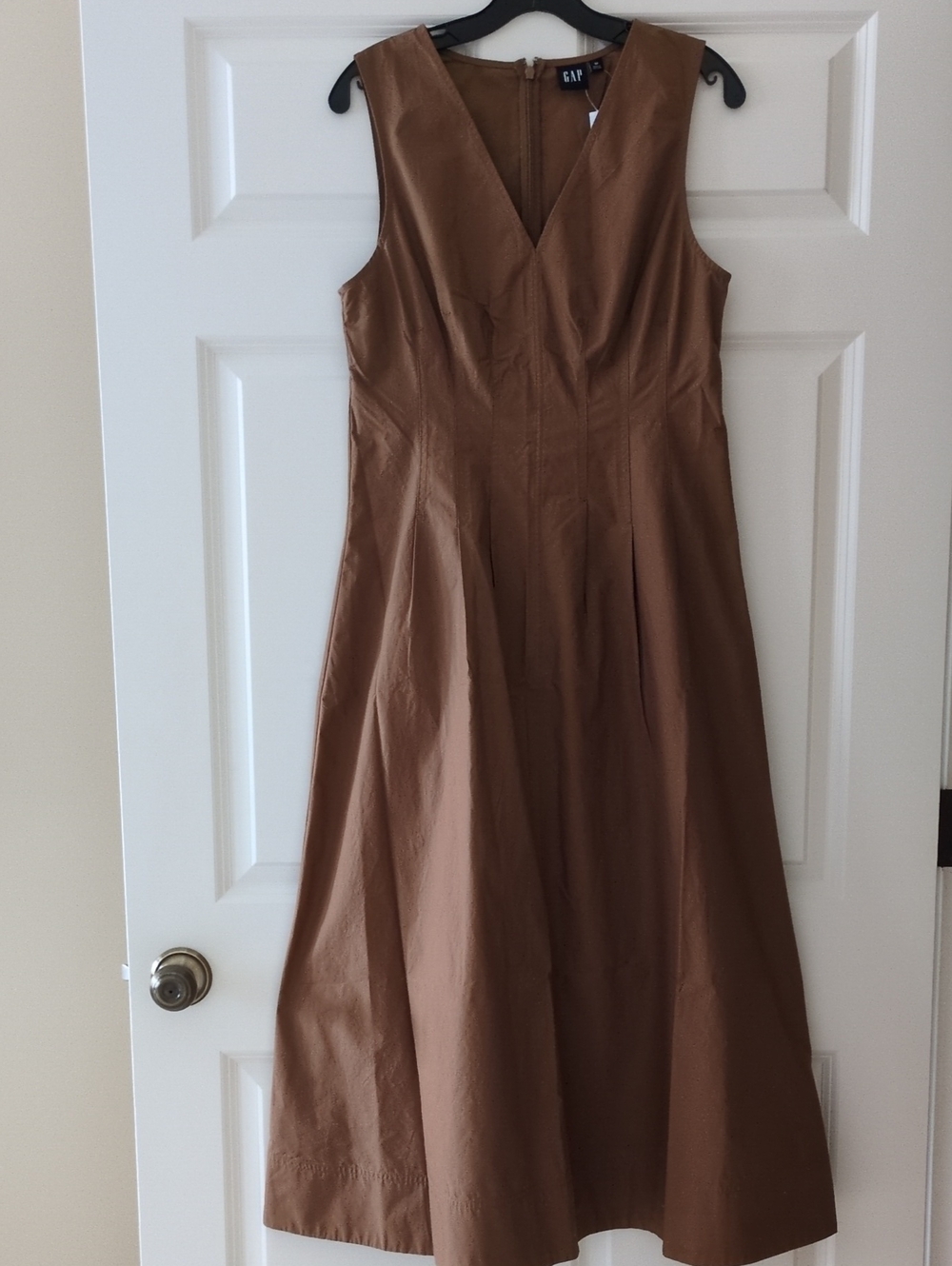 Gap Maxi Dress Poplin V neck Cinched Brown Sleeveless Fall NWT